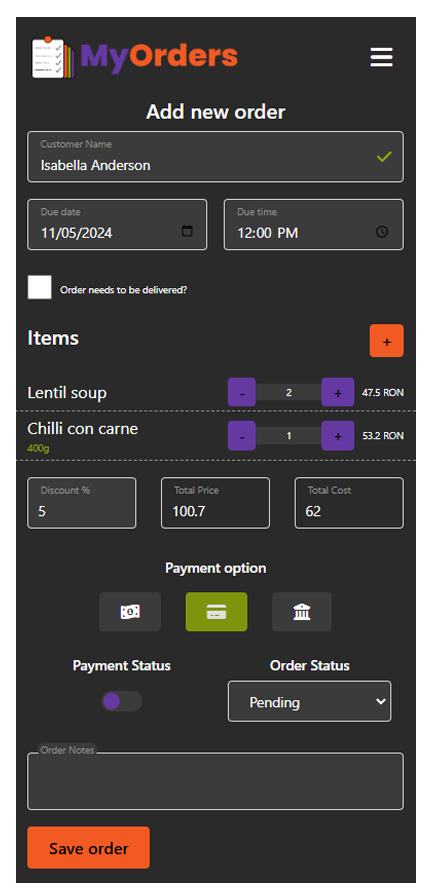 Adaugă comandă - Permite căutarea rapidă a clientului și produselor, posibilitatea de a adăuga o adresă de livrare și taxa aferentă precum și discount pentru comandă